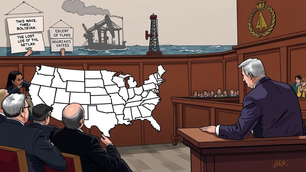 A dramatic courtroom illustration where a group of states, represented by a map of the U.S. with Louisiana highlighted, are legally challenging a government figure. In the background, depictions of job losses and a struggling oil rig are visible.