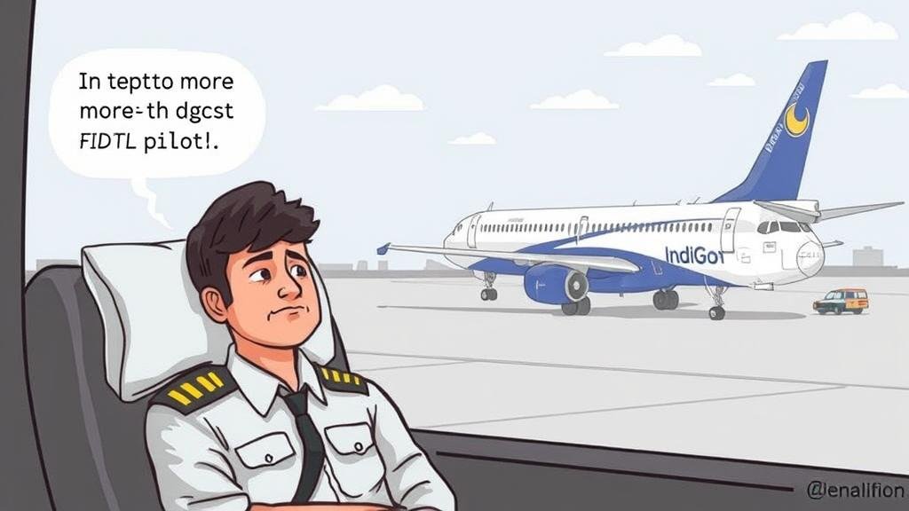 A chaotic airport scene with frustrated passengers looking at a departure board filled with 'IndiGo - CANCELED' notifications.