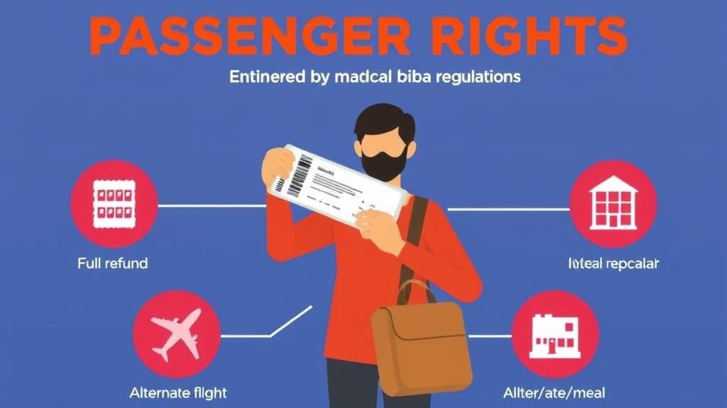 Infographic illustrating passenger rights, showing icons for a full refund, an alternate flight, and hotel or meal provisions as per DGCA regulations.