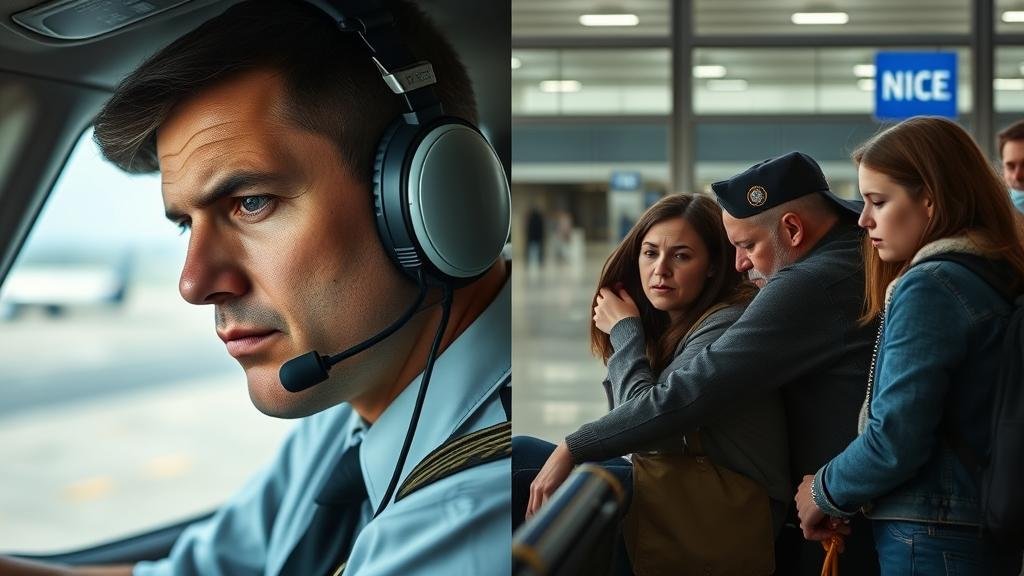 A split image showing a tired-looking pilot and a frustrated family at an airport, representing the human cost of flight cancellations.