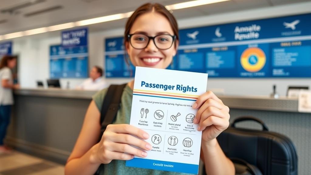 An empowered traveler holding a 'Passenger Rights' booklet at an airline counter, with icons for refunds, meals, and hotels.
