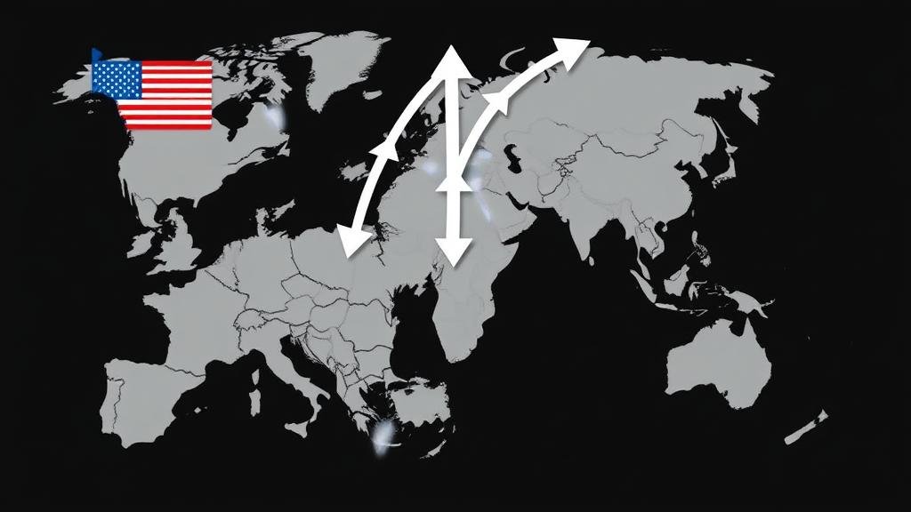 A world map with arrows showing money flowing out of the US and Europe and back into Japan, representing the concept of repatriation of capital.