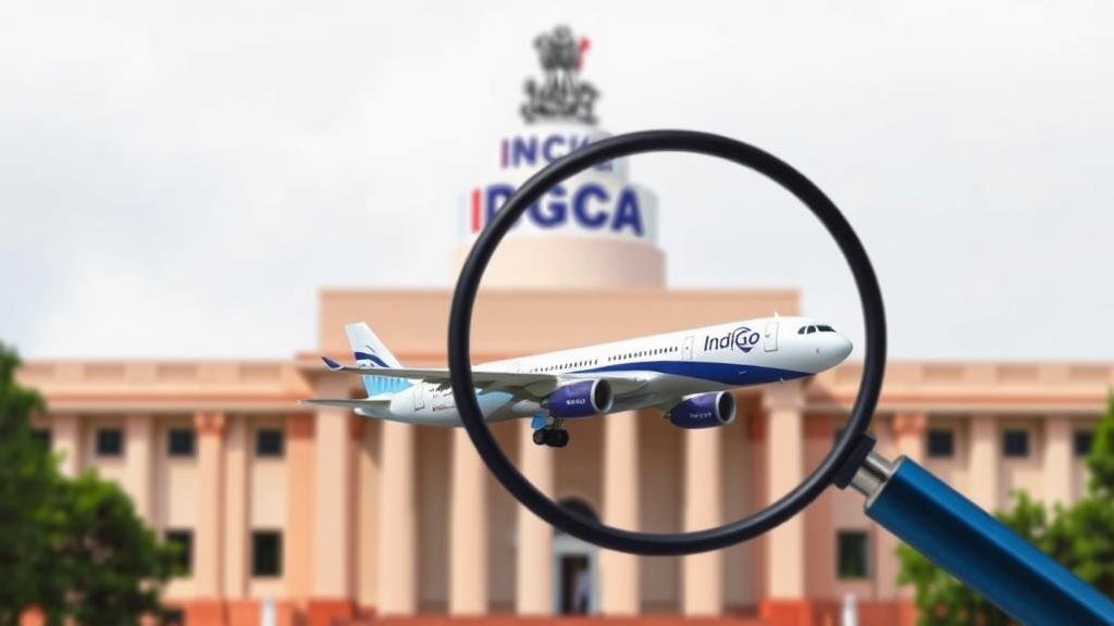 A government building with the DGCA logo and an IndiGo airplane under a magnifying glass, symbolizing regulatory scrutiny.