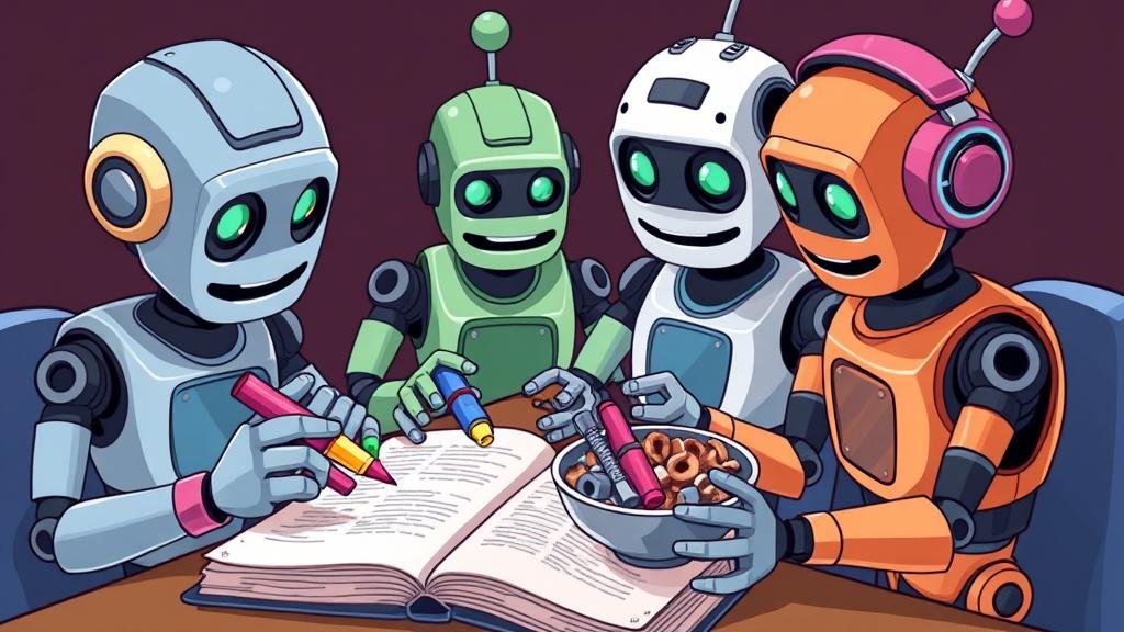 A friendly, cartoonish image of a diverse group of robots in a study group sharing snacks and highlighting books.