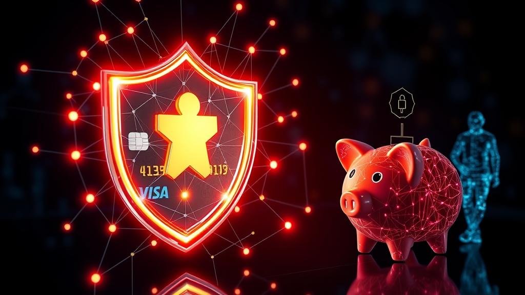 A high-tech digital shield made of glowing nodes protecting a credit card and piggy bank from shadowy fraud figures.