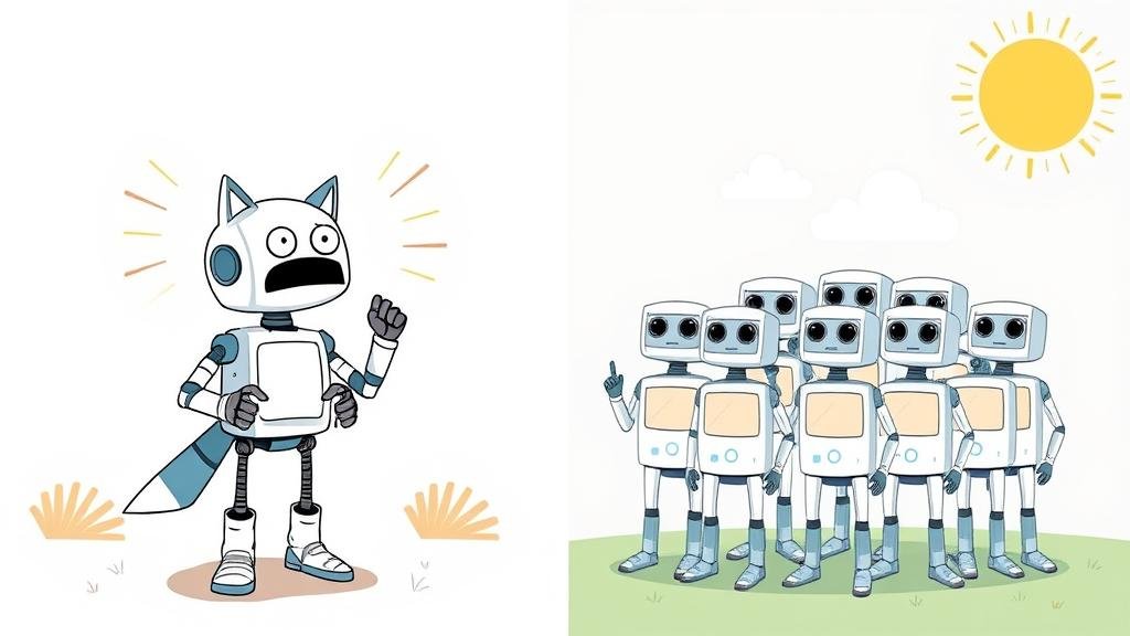 Illustration of a stressed lone wolf robot failing to predict weather, contrasted with a confident group of robots successfully forecasting a sunny day.
