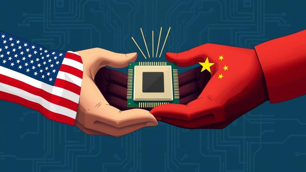 A stylized image representing the US-China tech trade relationship, with a central focus on a semiconductor chip. The chip is being exchanged between two hands, one draped in the American flag and the other in the Chinese flag, symbolizing the lifting of the export ban.