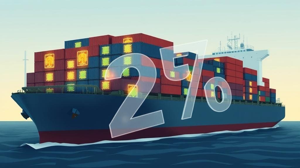 An illustration of a large cargo ship stacked with shipping containers, each marked with a glowing semiconductor chip icon. A large, transparent 25% symbol is stamped over the entire vessel, representing the new fee imposed on all semiconductor sales to China.