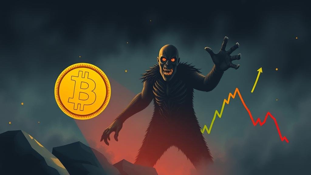 An illustration of a horror movie jump scare, where the monster is a government bond, causing a sharp drop in a Bitcoin chart.