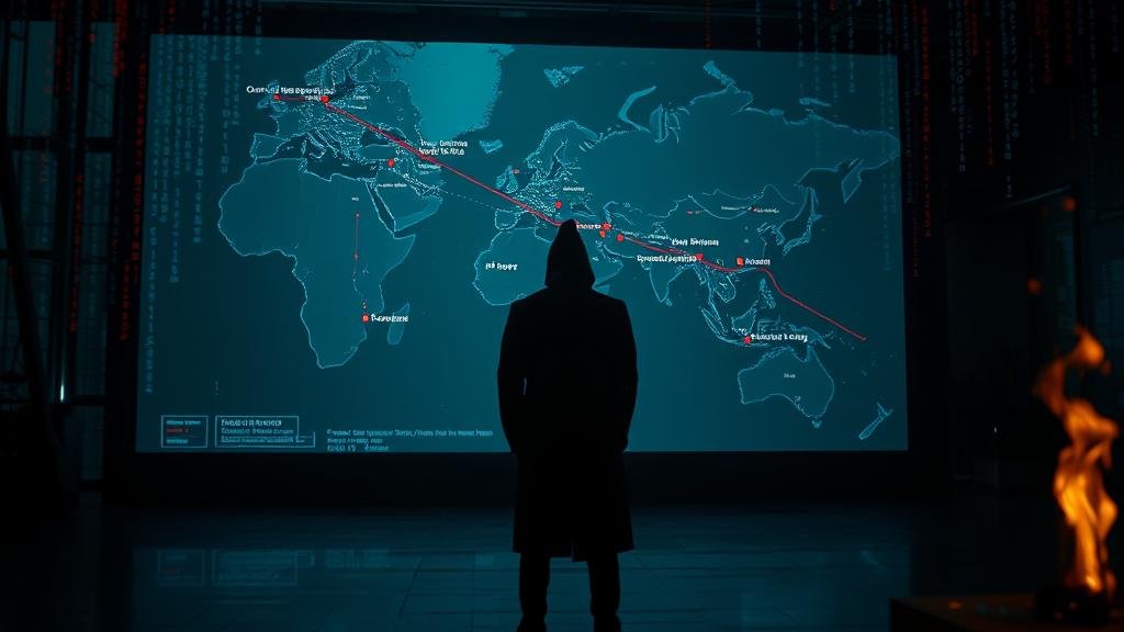 A shadowy, anonymous figure in a dimly lit room, standing before a large digital screen displaying a map with targeted critical infrastructure—ports, power plants, and railway lines. The figure's identity is obscured, symbolizing the deniable nature of the 'shadow war.' Cascading digital code and faint embers of fire overlay the scene, representing the blend of cyberattacks and physical sabotage.