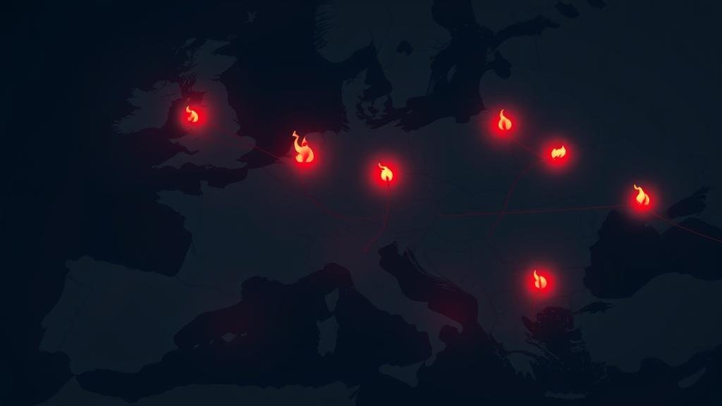 A stylized map of Europe in a dark, moody setting. Glowing red icons representing fires, broken railway lines, and severed cables are scattered across the map, connected by faint, almost invisible lines, suggesting a hidden, coordinated network of sabotage. The overall atmosphere is one of suspense and dawning realization of a wider conflict.