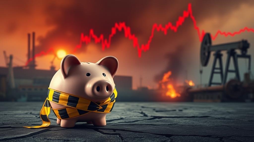 A dramatic visualization of economic instability. In the foreground, a piggy bank wrapped in yellow and black hazard tape sits on a cracked surface. In the background, a volatile, red stock market ticker plummets downwards, with the hazy silhouette of a burning warehouse and a damaged oil pipeline, symbolizing the widespread disruption to supply chains and energy markets.