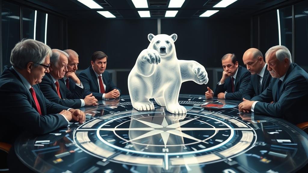NATO leaders gathered around a futuristic, holographic table, looking perplexed. On the table, a ghostly, translucent figure of a bear is projected, symbolizing the elusive and deniable nature of the Russian hybrid threat. The leaders are in a state of deep concentration, highlighting the immense challenge of formulating a response to an enemy that operates in the shadows.