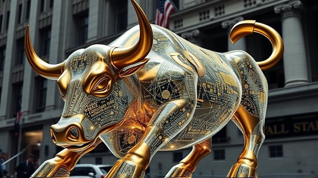 A classic Wall Street bull statue constructed from shimmering, translucent blockchain nodes, representing the integration of digital assets by traditional financial institutions.