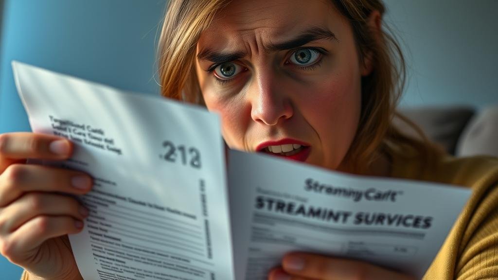 A person looking at their credit card statement with a horrified expression, with the logos of streaming services faintly reflected on the statement.