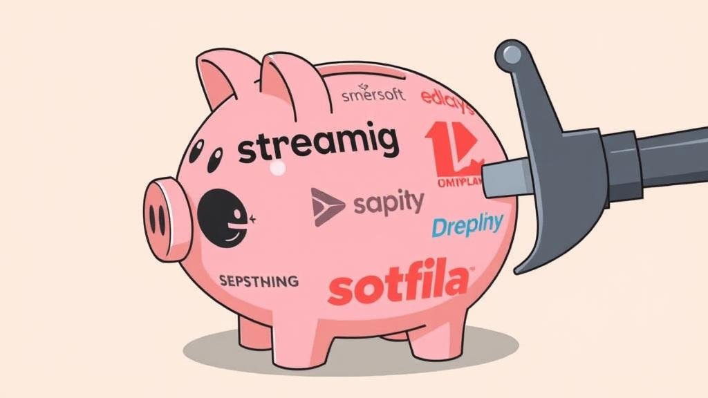 An illustration of a piggy bank with streaming service logos on it, being squeezed by a vice, representing the pressure on entertainment budgets.