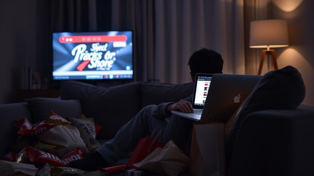 Person on a couch surrounded by snacks and shopping bags, binge-watching TV and online shopping on a laptop.