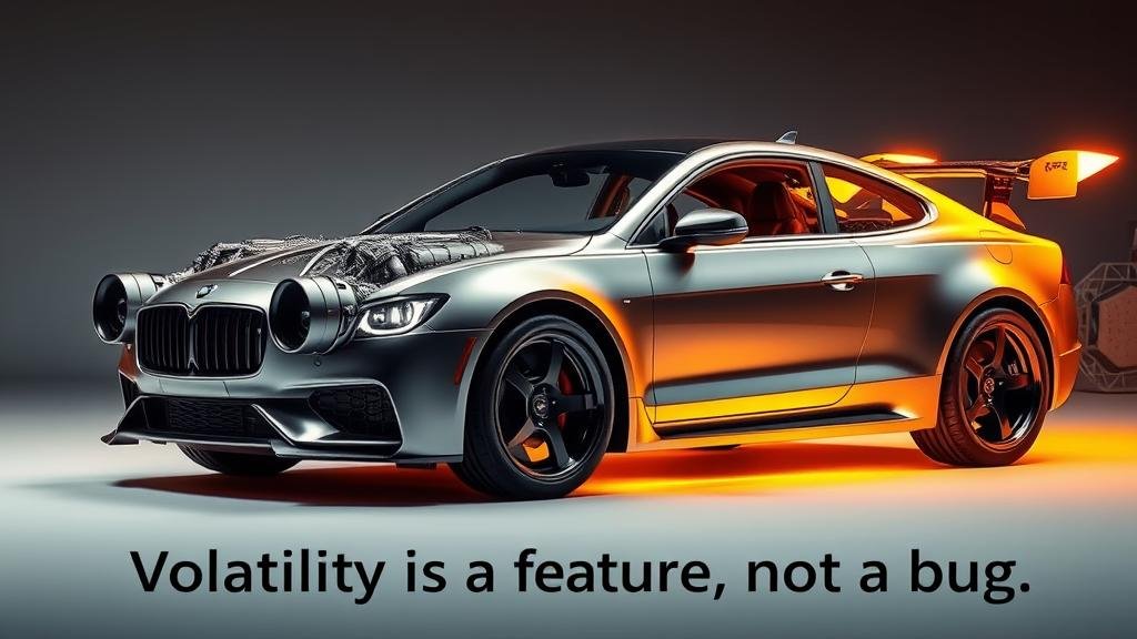 An image of a car made entirely of rocket engines, representing an undiversified crypto portfolio, with a caption 'Volatility is a feature, not a bug.'