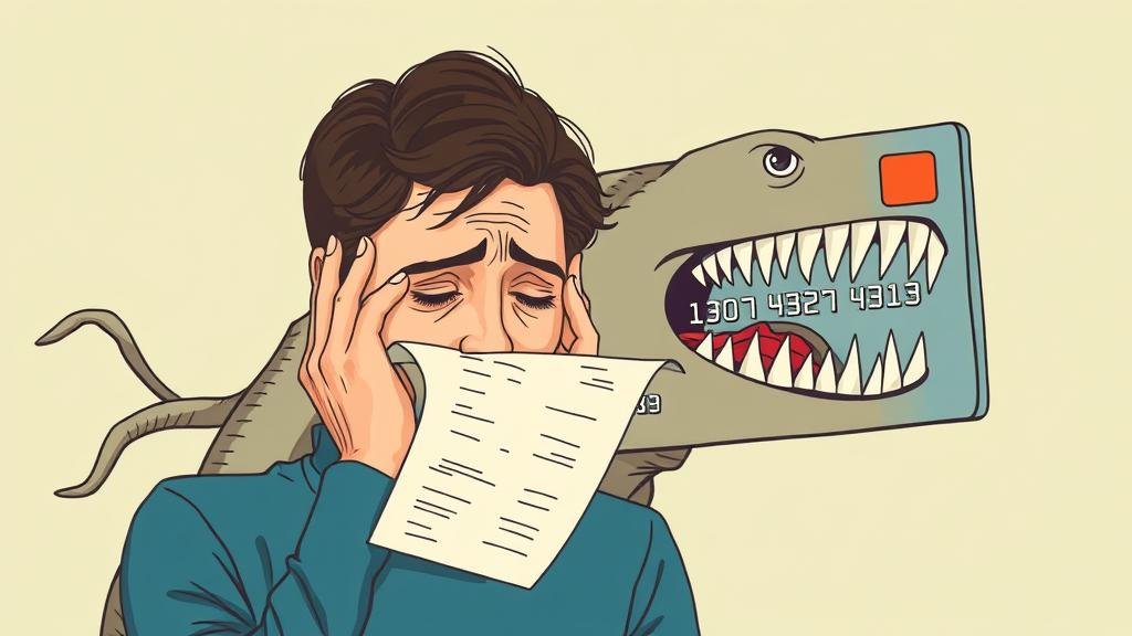 A person looks in despair at a long credit card bill as a giant monstrous credit card with teeth looms behind them.