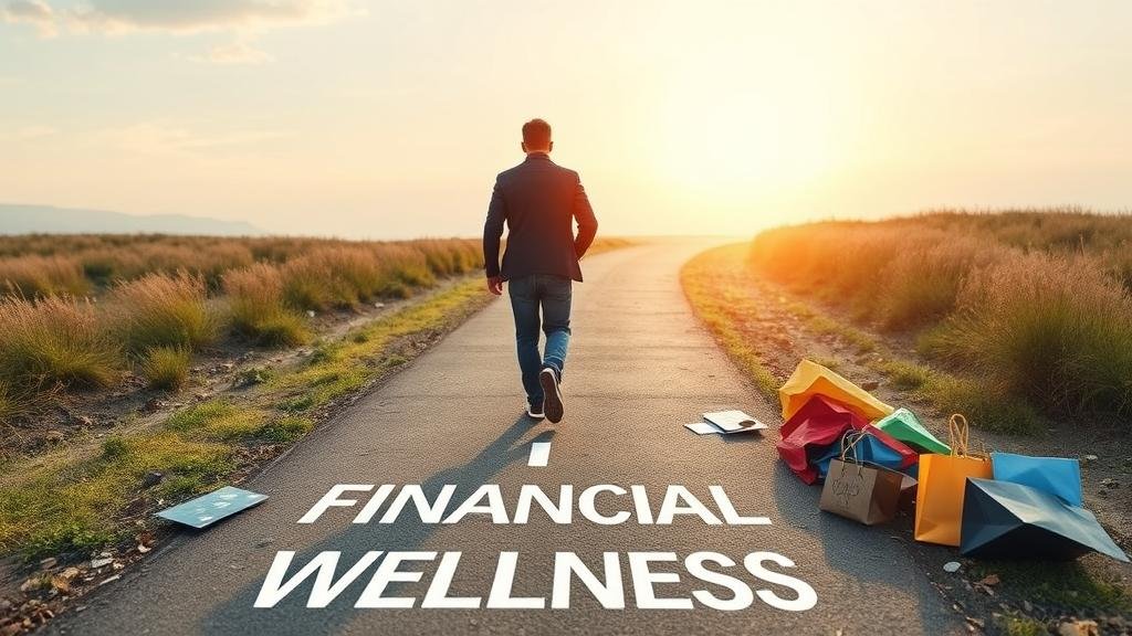 A person confidently walks on a path labeled 'Financial Wellness', leaving behind broken credit cards and shopping bags.