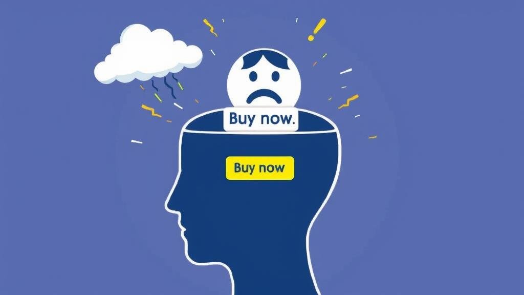 Illustration of a human head with emotional icons like a storm cloud and sad face activating a 'Buy Now' button in the brain.