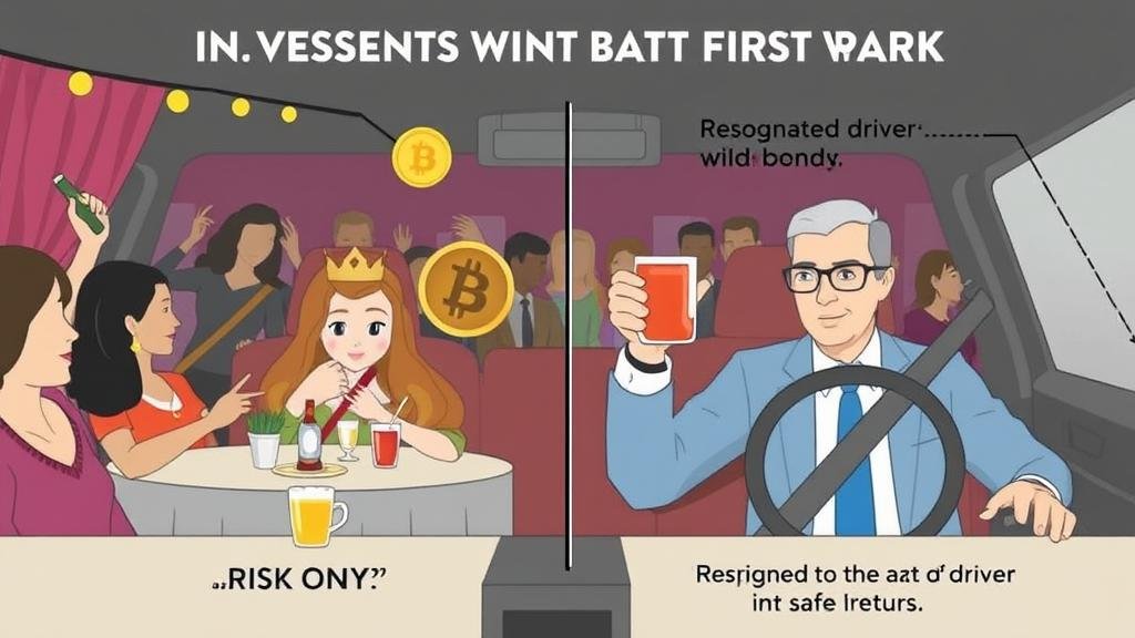 A visual representation of an investment party, with risk-on assets like Bitcoin at a wild party, while a responsible Designated Driver representing U.S. Treasury bonds is attracting investors with the promise of a safe return.