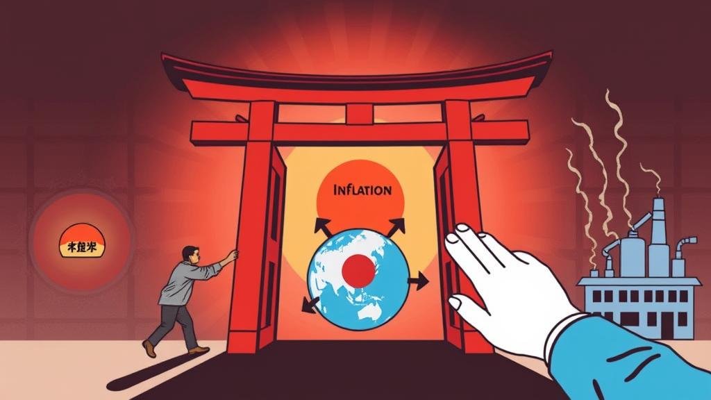 A dynamic image showing a hawk with the face of Bank of Japan Governor Kazuo Ueda soaring over a Tokyo-like financial district with rising bond yield charts.