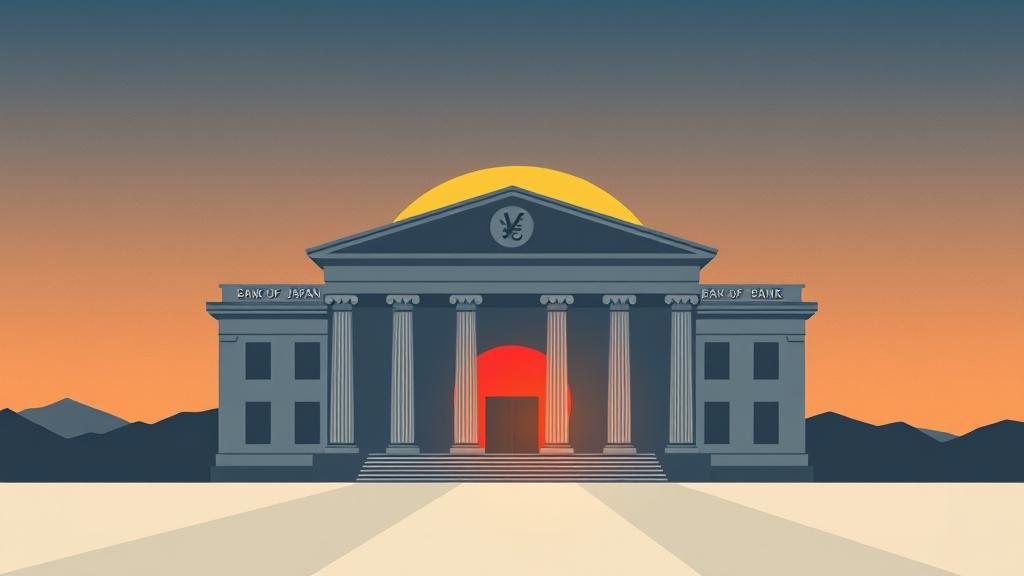 A stylized image of the Bank of Japan at sunrise, with a prominent Yen symbol, symbolizing the dawn of a new economic era for Japan as it moves away from negative interest rates.