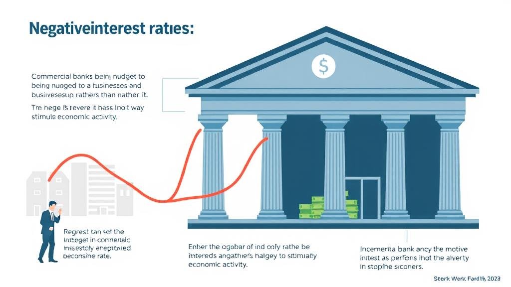 An illustrative infographic that visually explains the concept of a negative interest rate policy. It should depict commercial banks being nudged to lend money to businesses and individuals rather than storing it, as a way to stimulate economic activity.