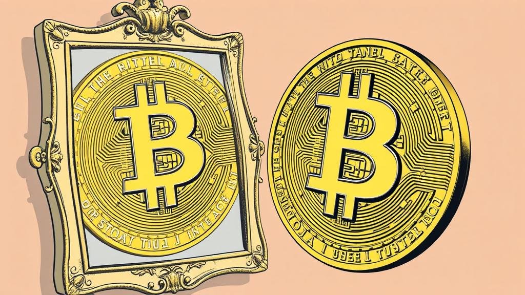 A depiction of Bitcoin having an identity crisis, looking into a mirror and seeing a reflection of a volatile tech stock instead of a solid gold bar.