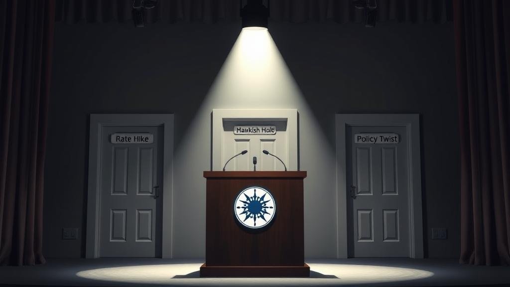 An image of a stage with a spotlight on a podium with the Bank of Japan logo. There are three doors behind the podium, labeled 'Rate Hike,' 'Hawkish Hold,' and 'Policy Twist,' symbolizing the possible outcomes of the upcoming BOJ meeting and the beginning of a new economic chapter.