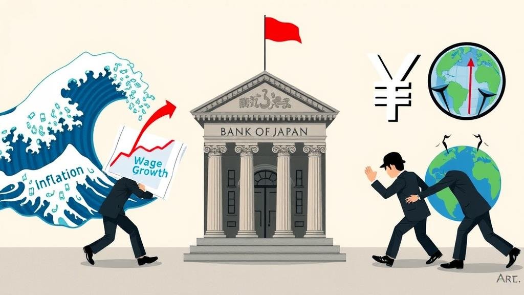 A central image of the Bank of Japan building being pushed by four symbolic forces: a wave of inflation, a rising graph labeled 'Wage Growth,' a deflated and weak yen symbol, and a globe exerting pressure. This illustrates the key drivers forcing the BOJ to consider a policy change.