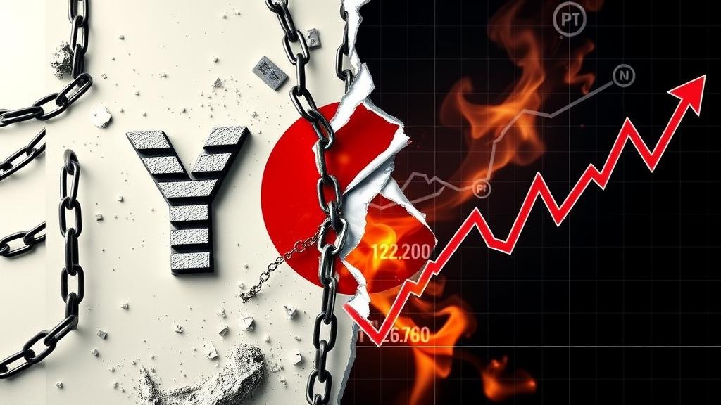 A dynamic split image showing on one side, a surging Japanese yen symbol breaking through chains, and on the other, a graph with sharply rising bond yields. This visual represents the immediate and powerful market reaction to the potential policy change.