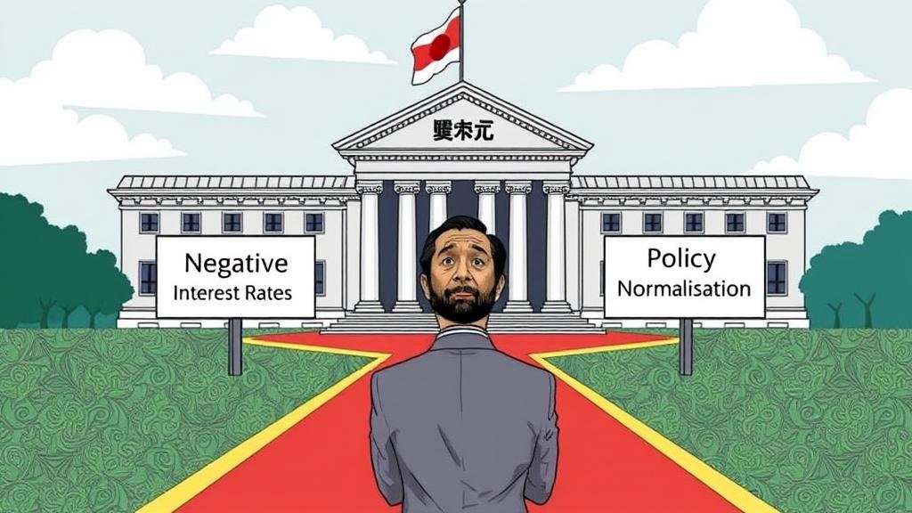 A stylized image of the Bank of Japan building at a crossroads, with one path labeled 'Negative Interest Rates' and the other 'Policy Normalization.' Governor Kazuo Ueda is seen contemplating which path to take, representing a major monetary policy decision.