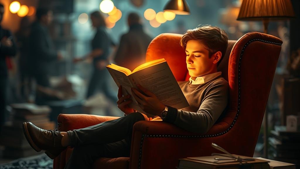 A person sits in a cozy armchair, engrossed in a book that glows with a warm light, symbolizing the transformative power of reading amidst a chaotic, blurred background.