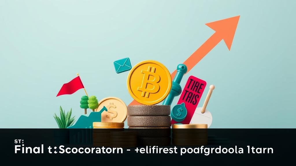 A balanced collection of investment symbols for stocks, bonds, and Bitcoin, with a clear upward-trending arrow in the background.