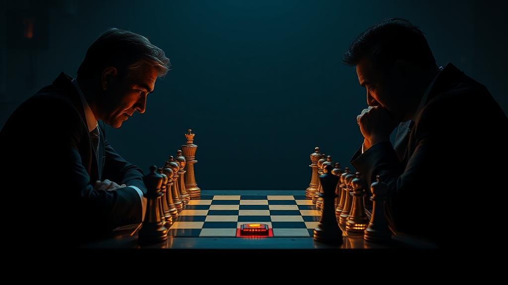 An intense game of chess where the pieces are glowing semiconductor chips, with shadowy figures representing the US and China contemplating their next move, symbolizing the ongoing strategic nature of the global 'chip war.'