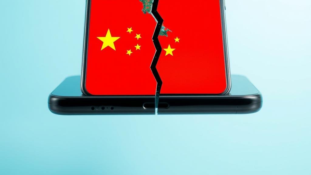 A smartphone physically splitting down the middle, with one half showing Western apps and the other showing incompatible Chinese apps, illustrating the concept of 'tech bifurcation' and a fragmented digital world.