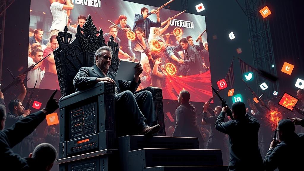 A striking visual metaphor capturing the irony of the populist age. On one side, a raging crowd with protest signs. On the other, a calm, futuristic-looking tech billionaire being showered with digital currency and data streams flowing from the crowd's devices.