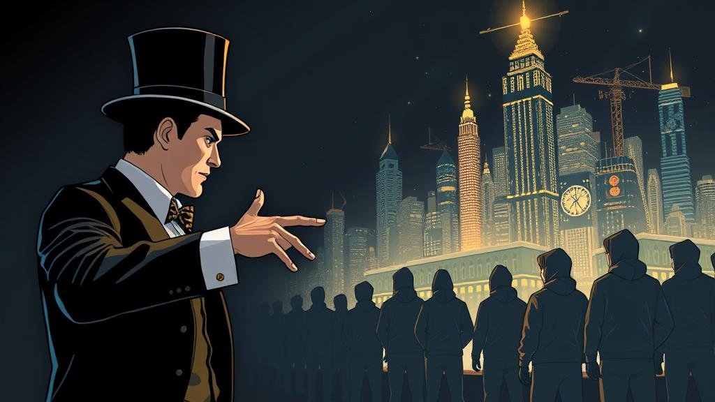 Illustrate 'The Great Misdirection.' A 1920s-style magician in a top hat points dramatically towards a Wall Street banker character, drawing the audience's gaze. Meanwhile, in the shadows, a group of tech figures in modern hoodies are constructing a vast, glowing digital city made of code and data.