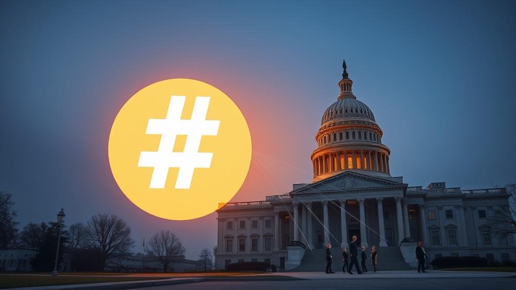 An image of a giant, glowing tech logo casting a long shadow over a government building. Within the shadow, digital strings are connecting the logo to small, puppet-like figures of politicians, illustrating the tech industry's immense lobbying and political power.
