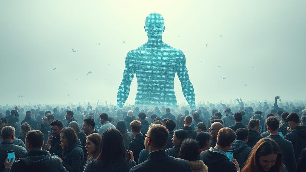 A surreal image of a crowd of people happily using their smartphones and apps, completely unaware of a giant, semi-transparent figure made of code and data looming behind them, representing the public's paradoxical acceptance of Big Tech's dominance.