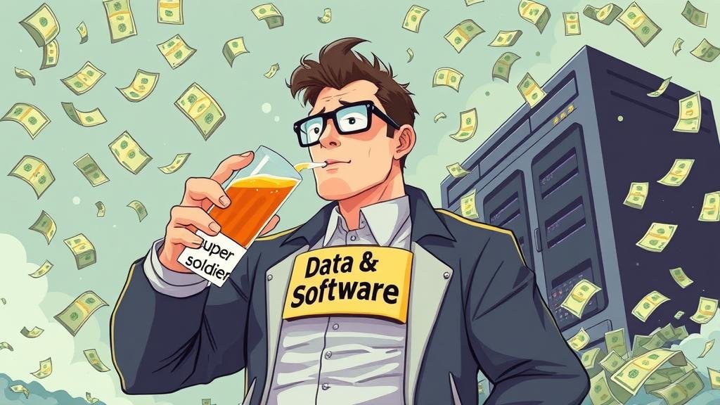 A digital illustration showing a tech billionaire drinking a 'super-soldier serum' labeled 'Data & Software,' causing them to grow into a giant, while money and servers swirl around them, representing the massive wealth shift.