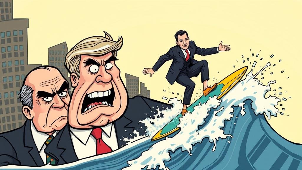 A political cartoon style image depicting an angry Wall Street banker and a politician being overshadowed by a tech CEO surfing on a wave of digital code and money, symbolizing the unnoticed rise of Silicon Valley.