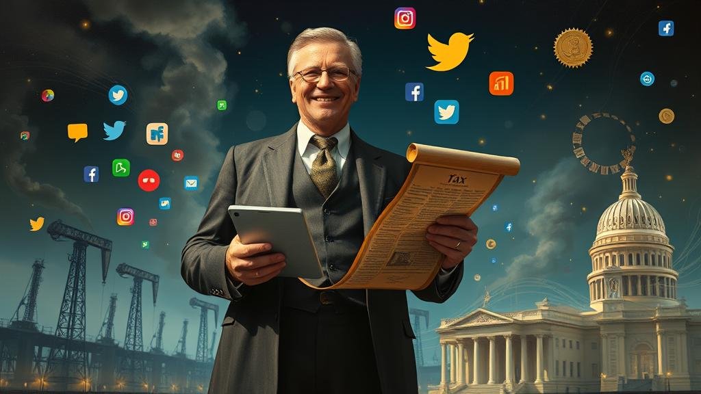 A neo-Gilded Age painting of a tech titan posed like a 19th-century industrialist, with code and app logos in the background.