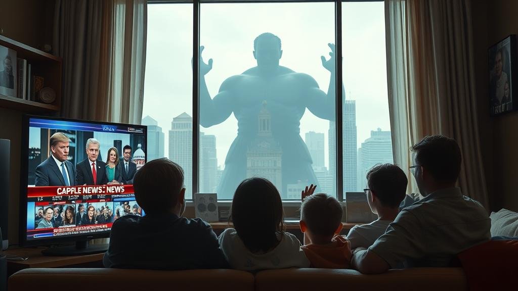 A family distracted by chaotic news on TV while a giant tech company figure quietly absorbs the city outside their window.