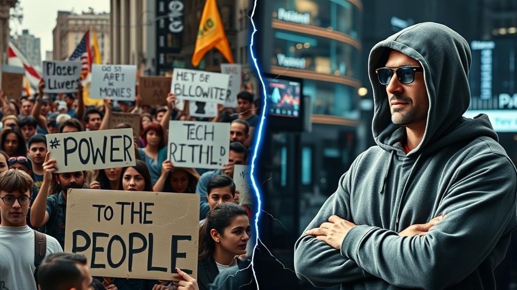 A split-screen image showing working-class protesters on one side and a tech billionaire with stock charts on the other, representing the economic divide.