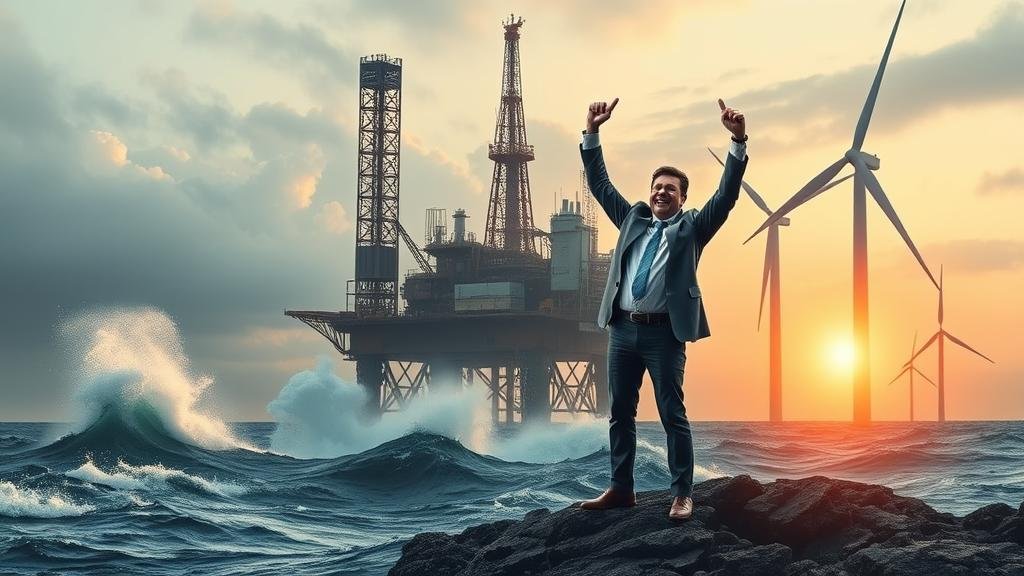 A composite image showing the three main pressures on the oil industry: a stormy sea with an oil rig, a happy shareholder celebrating returns, and a wind turbine symbolizing the rise of renewables.