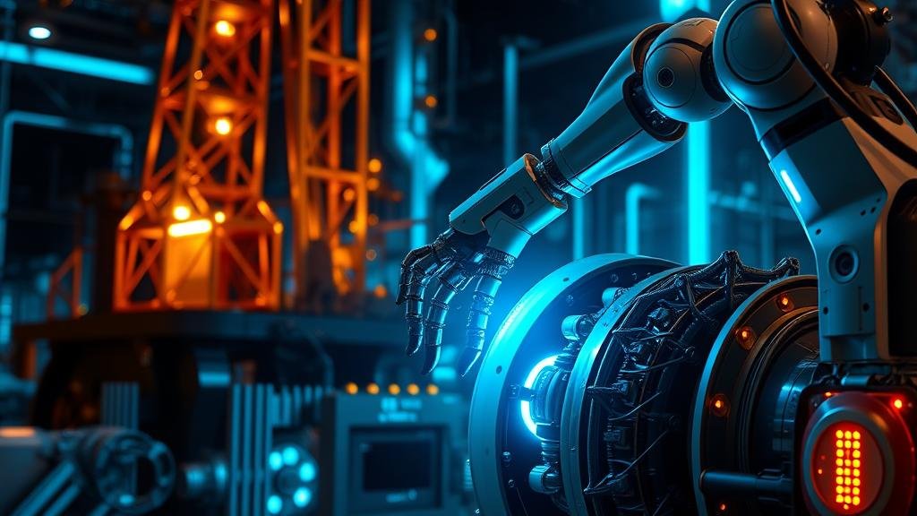 A futuristic image showcasing an AI-powered drilling operation with glowing data streams illuminating the machinery, emphasizing precision and efficiency.