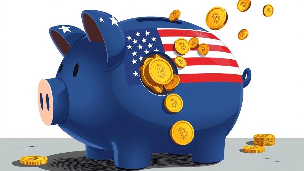 An illustration of a US-flag piggy bank collecting gold coins with microchip icons, symbolizing a new revenue stream.